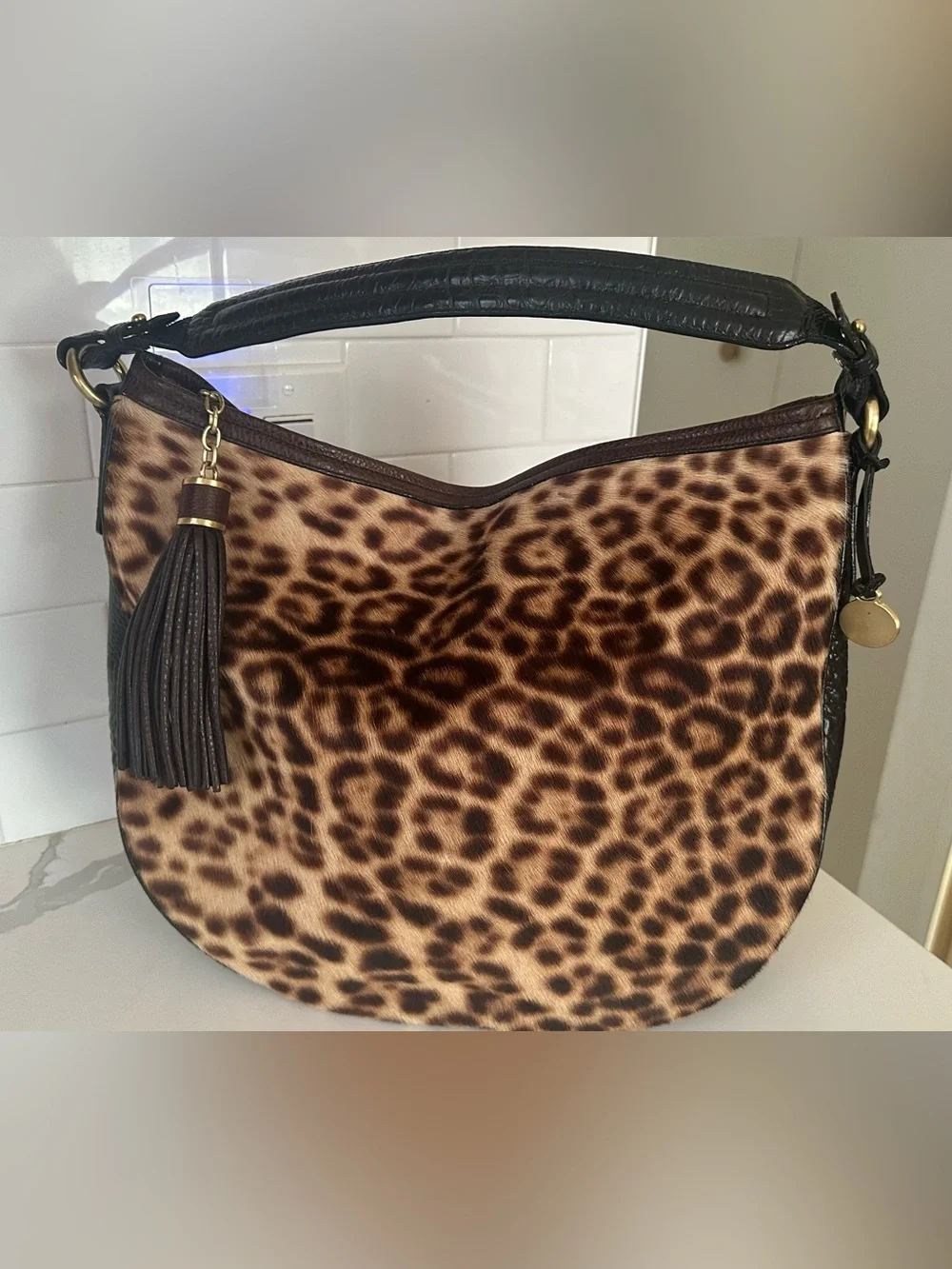 Brahmin Kathleen leopard print calf hair hobo leather bag